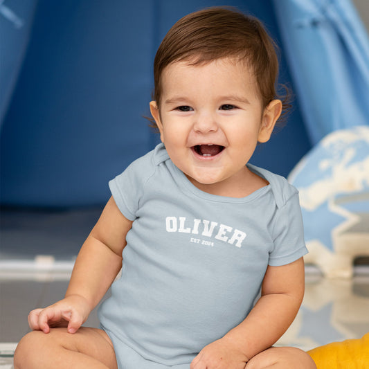 Personalised Name Short Sleeve Baby Bodysuit - Varsity - Hello Cherub